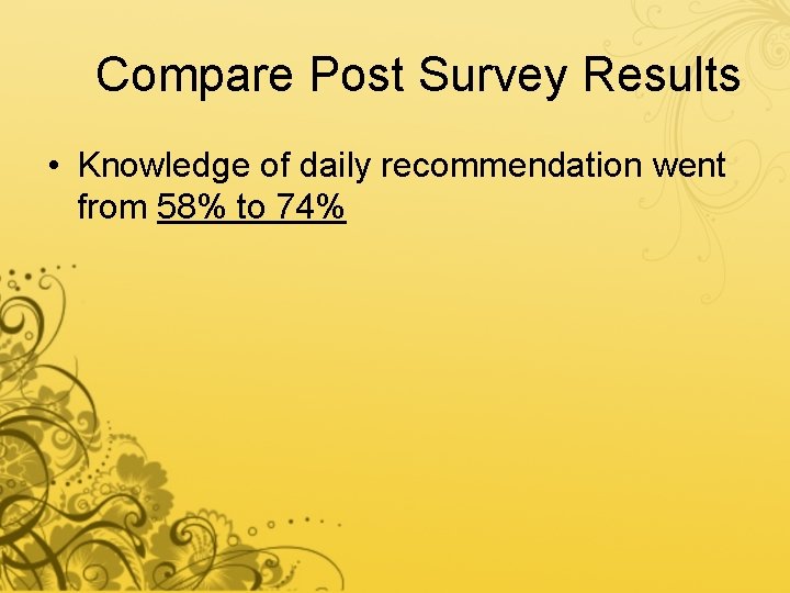 Compare Post Survey Results • Knowledge of daily recommendation went from 58% to 74%