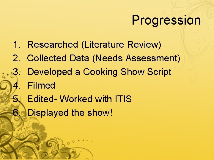 Progression 1. 2. 3. 4. 5. 6. Researched (Literature Review) Collected Data (Needs Assessment)