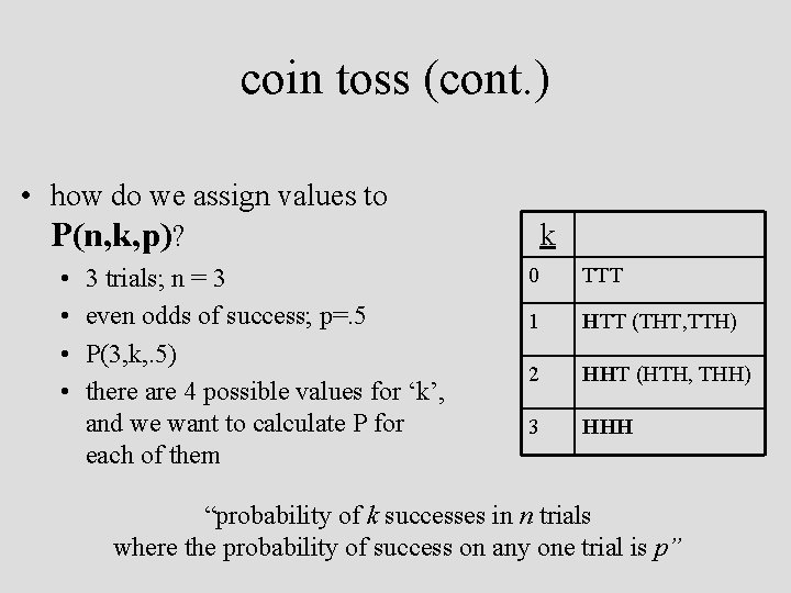 coin toss (cont. ) • how do we assign values to P(n, k, p)?