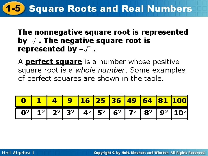1 -5 Square Roots and Real Numbers The nonnegative square root is represented by.