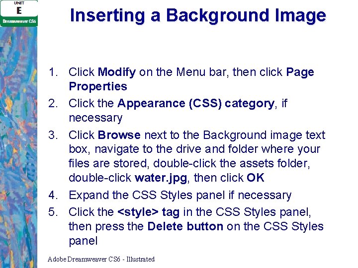 Inserting a Background Image 1. Click Modify on the Menu bar, then click Page