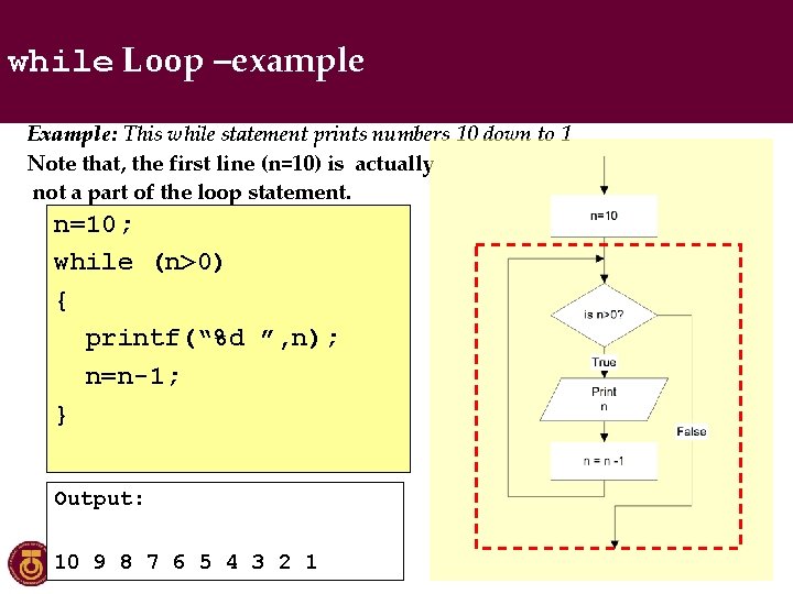 while Loop –example Example: This while statement prints numbers 10 down to 1 Note