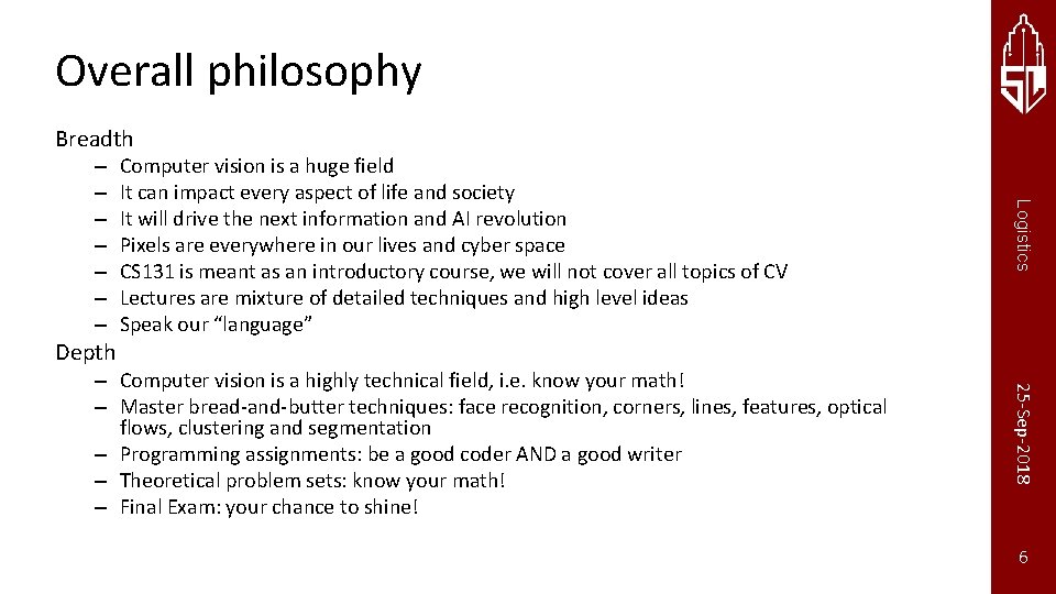 Overall philosophy Breadth Depth Computer vision is a huge field It can impact every