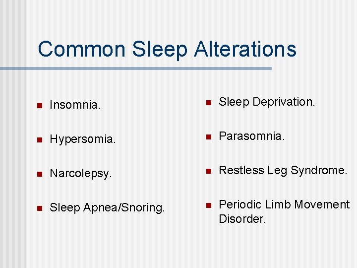 Common Sleep Alterations n Insomnia. n Sleep Deprivation. n Hypersomia. n Parasomnia. n Narcolepsy.
