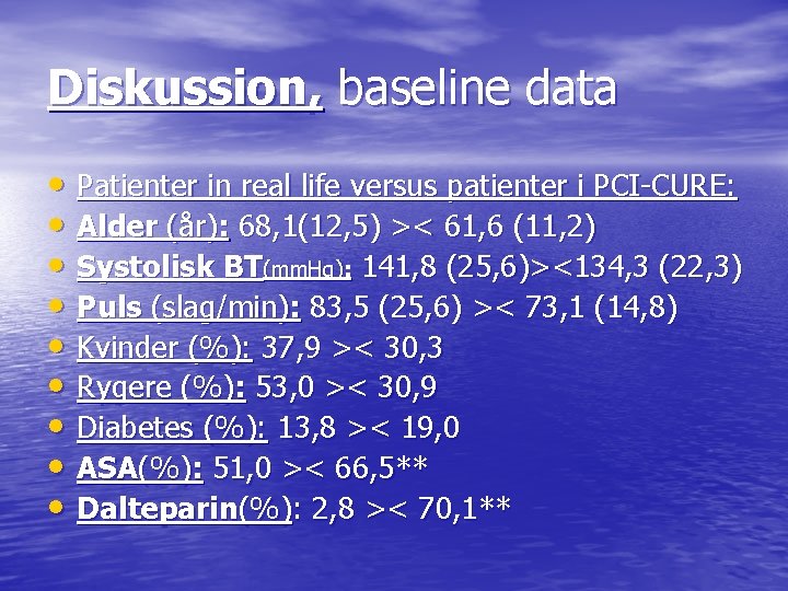 Diskussion, baseline data • Patienter in real life versus patienter i PCI-CURE: • Alder