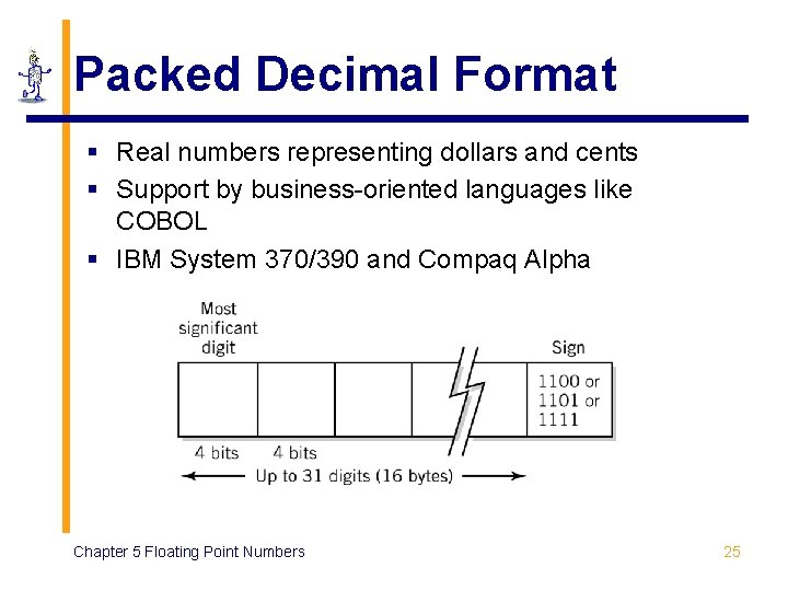 Packed Decimal Format § Real numbers representing dollars and cents § Support by business-oriented Packed Decimal Format § Real numbers representing dollars and cents § Support by business-oriented