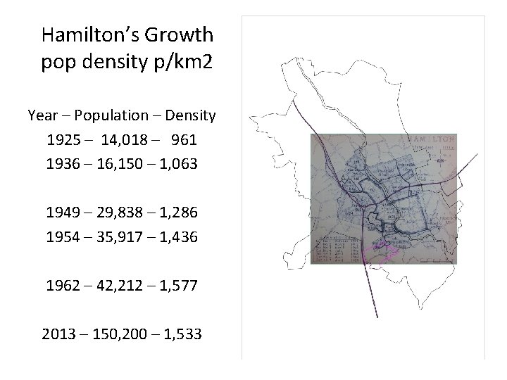 Hamilton’s Growth pop density p/km 2 Year – Population – Density 1925 – 14,