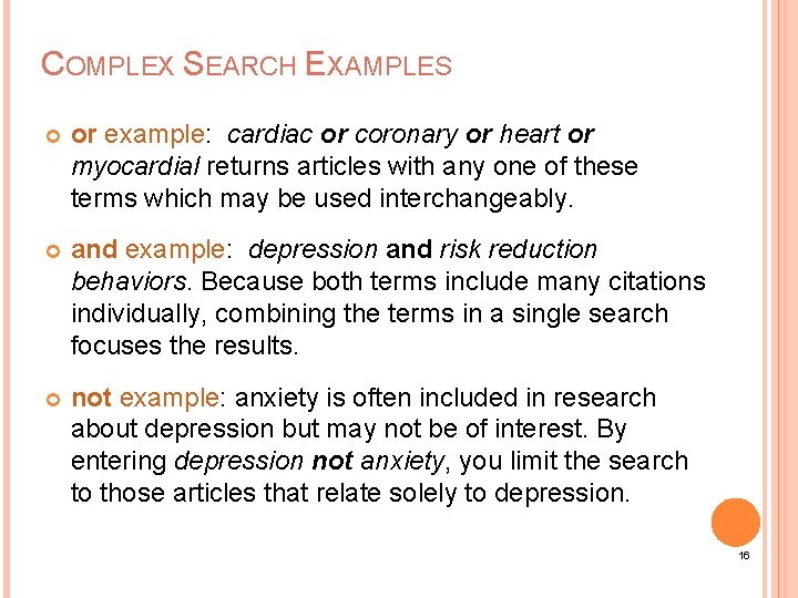 COMPLEX SEARCH EXAMPLES or example: cardiac or coronary or heart or myocardial returns articles