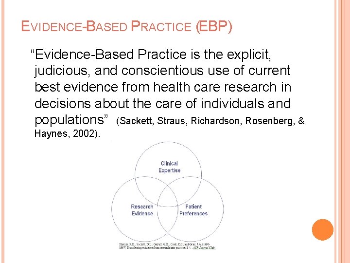 EVIDENCE-BASED PRACTICE (EBP) “Evidence-Based Practice is the explicit, judicious, and conscientious use of current