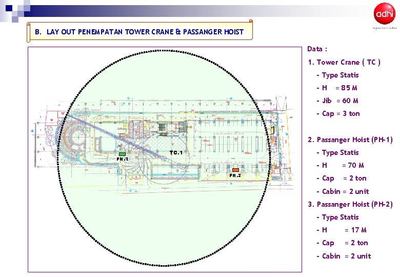 B. LAY OUT PENEMPATAN TOWER CRANE & PASSANGER HOIST Data : 1. Tower Crane