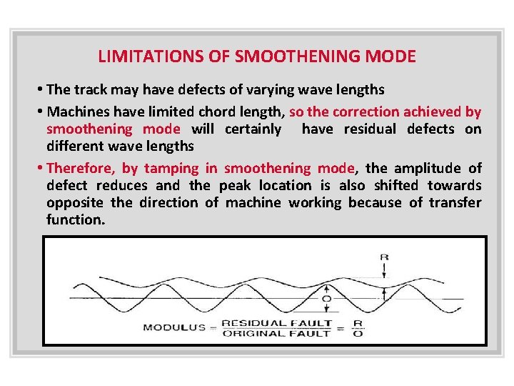 LIMITATIONS OF SMOOTHENING MODE • The track may have defects of varying wave lengths