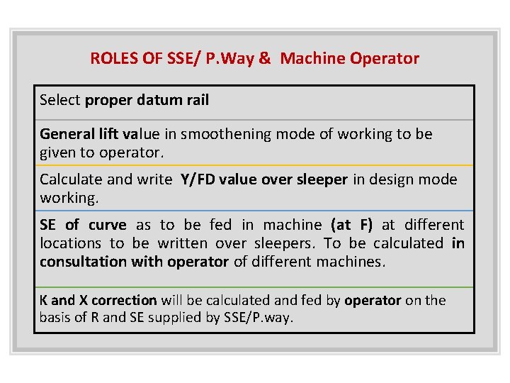 ROLES OF SSE/ P. Way & Machine Operator Select proper datum rail General lift