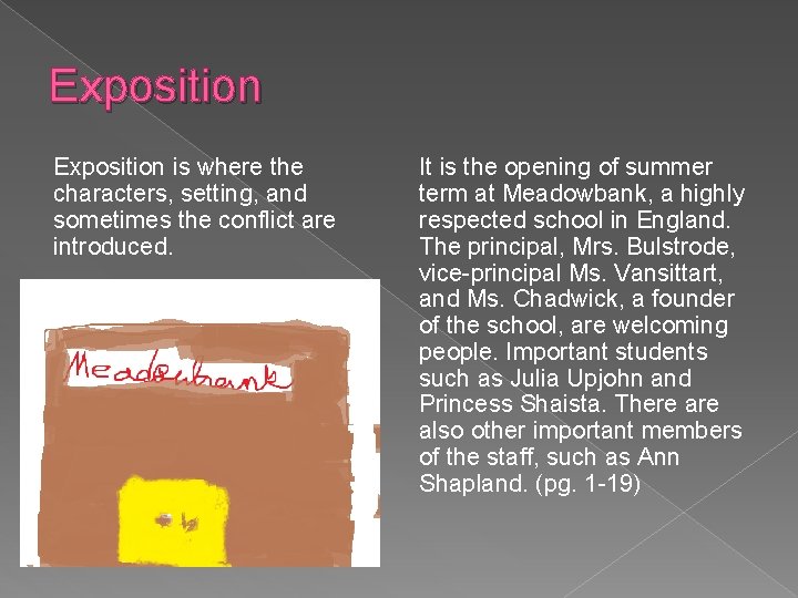 Exposition is where the characters, setting, and sometimes the conflict are introduced. It is