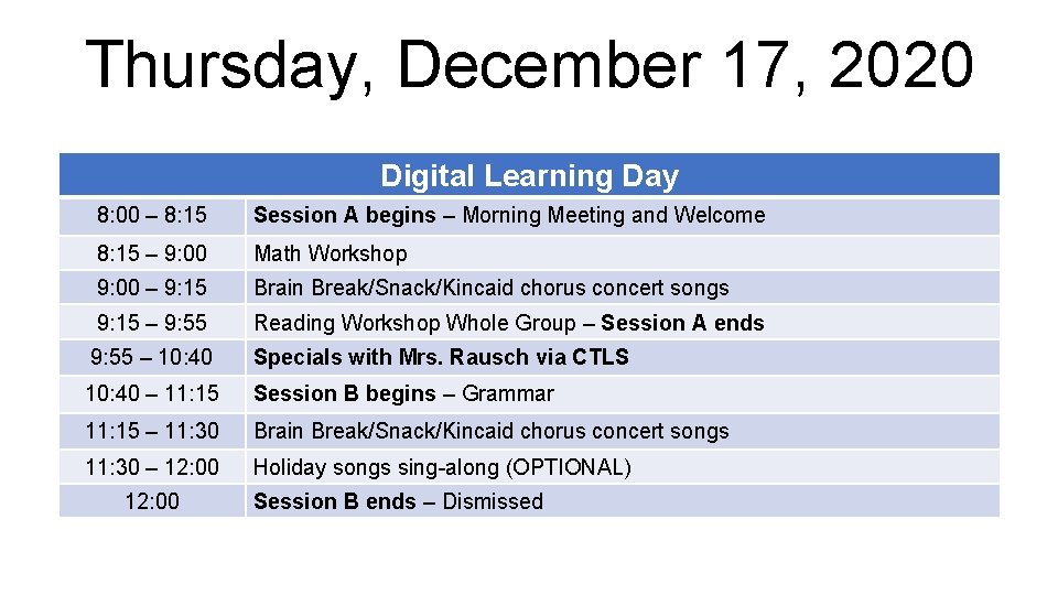 Thursday, December 17, 2020 Digital Learning Day 8: 00 – 8: 15 Session A