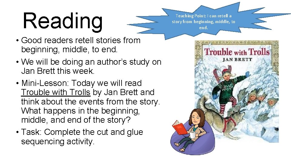 Reading • Good readers retell stories from beginning, middle, to end. • We will