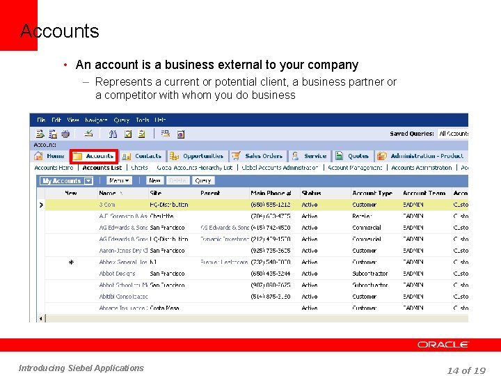 Accounts • An account is a business external to your company – Represents a