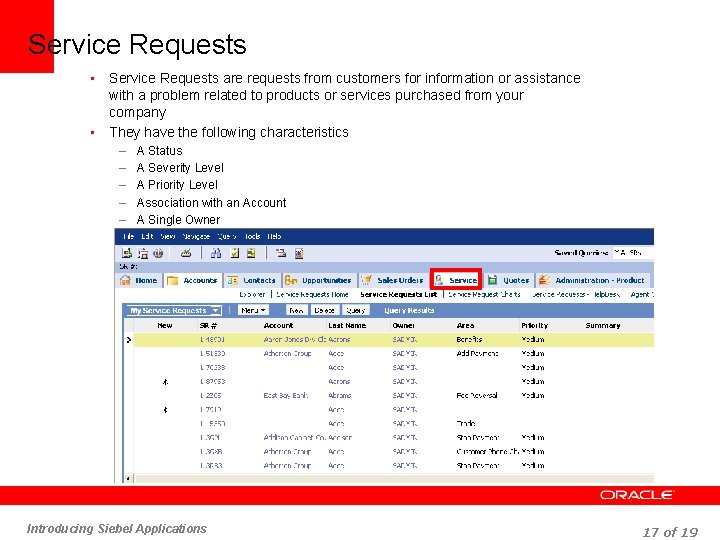 Service Requests are requests from customers for information or assistance with a problem related