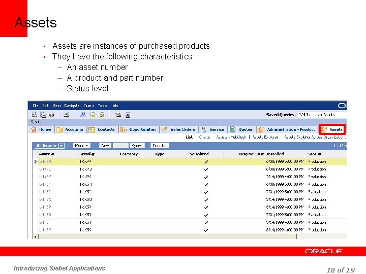 Assets • Assets are instances of purchased products • They have the following characteristics