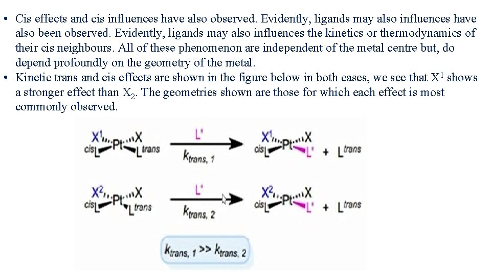  • Cis effects and cis influences have also observed. Evidently, ligands may also