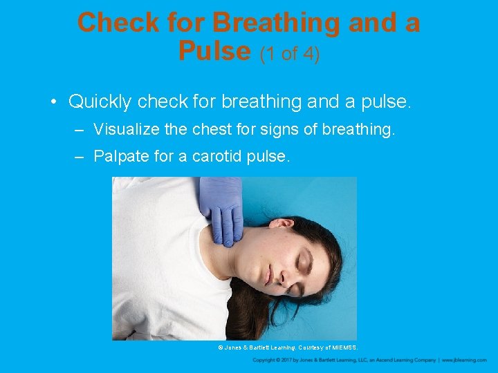Check for Breathing and a Pulse (1 of 4) • Quickly check for breathing