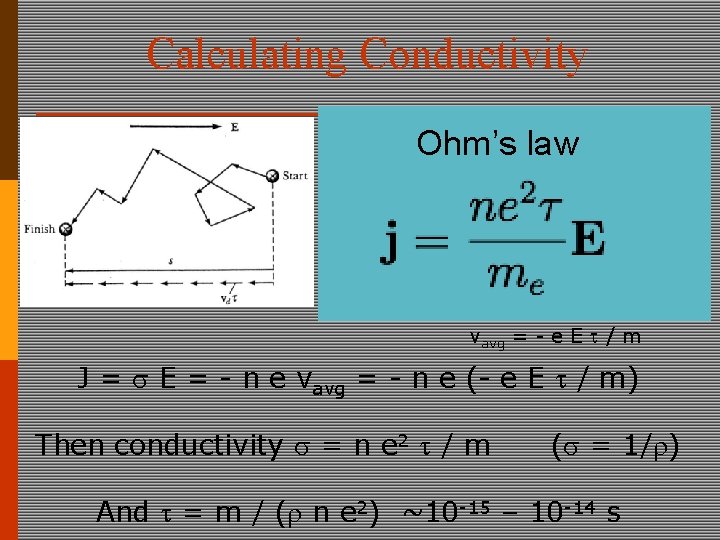 Calculating Conductivity Ohm’s law vavg = - e E / m J = E