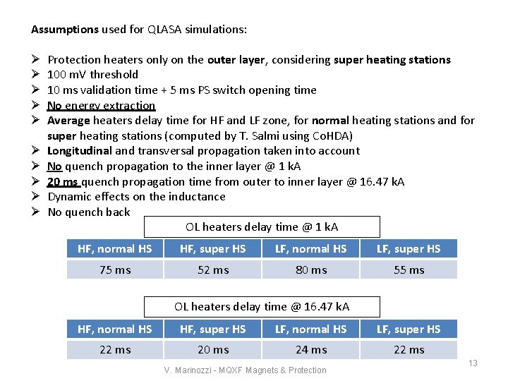 Assumptions used for QLASA simulations: Ø Ø Ø Ø Ø Protection heaters only on