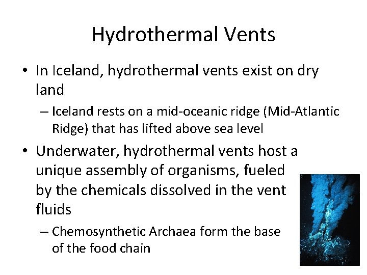 Hydrothermal Vents • In Iceland, hydrothermal vents exist on dry land – Iceland rests