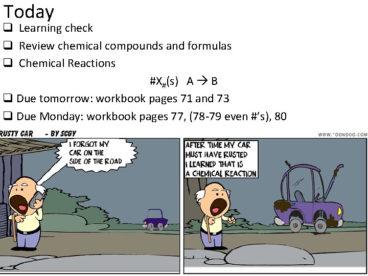Today q Learning check q Review chemical compounds and formulas q Chemical Reactions #X#(s)