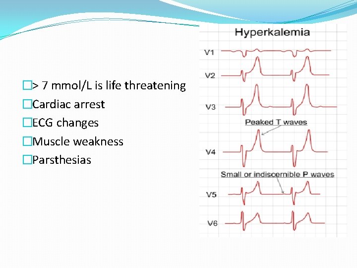�˃ 7 mmol/L is life threatening �Cardiac arrest �ECG changes �Muscle weakness �Parsthesias  �˃ 7 mmol/L is life threatening �Cardiac arrest �ECG changes �Muscle weakness �Parsthesias