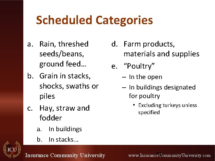 Scheduled Categories a. Rain, threshed seeds/beans, ground feed… b. Grain in stacks, shocks, swaths