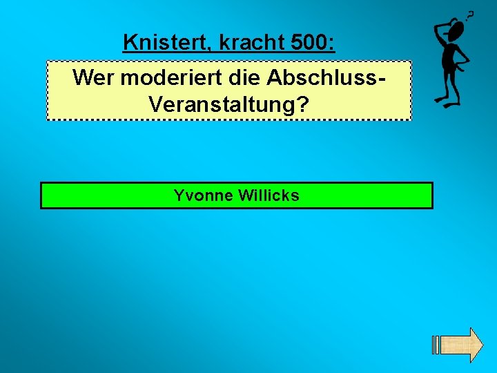 Knistert, kracht 500: Wer moderiert die Abschluss. Veranstaltung? Yvonne Willicks 