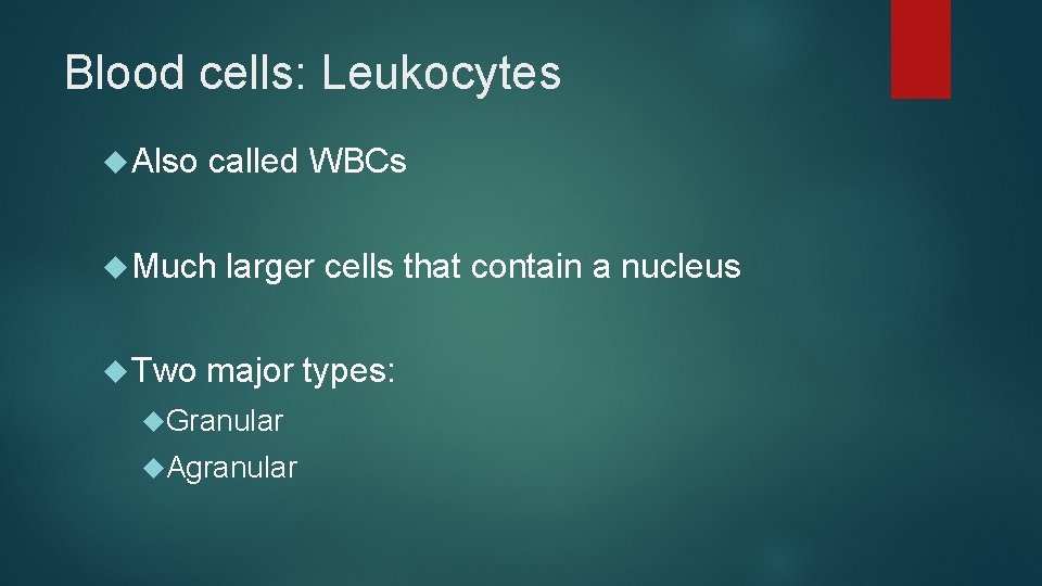 Blood cells: Leukocytes Also called WBCs Much Two larger cells that contain a nucleus