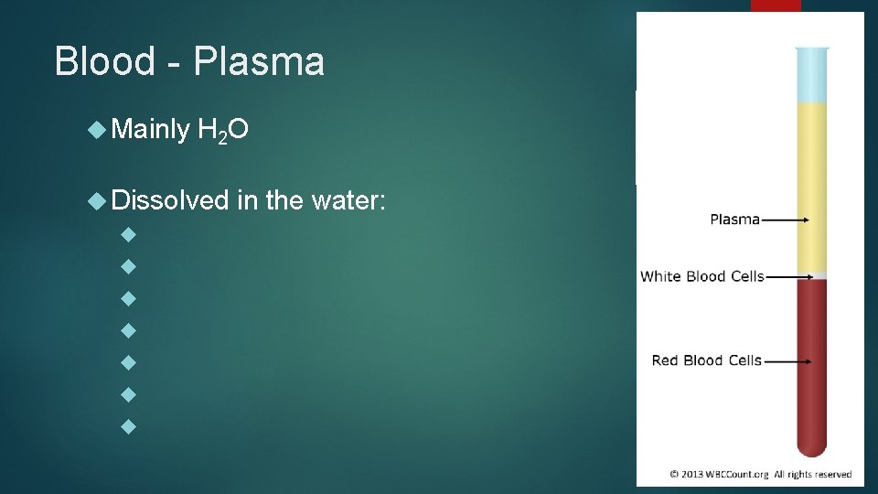 Blood - Plasma Mainly H 2 O Dissolved in the water: 