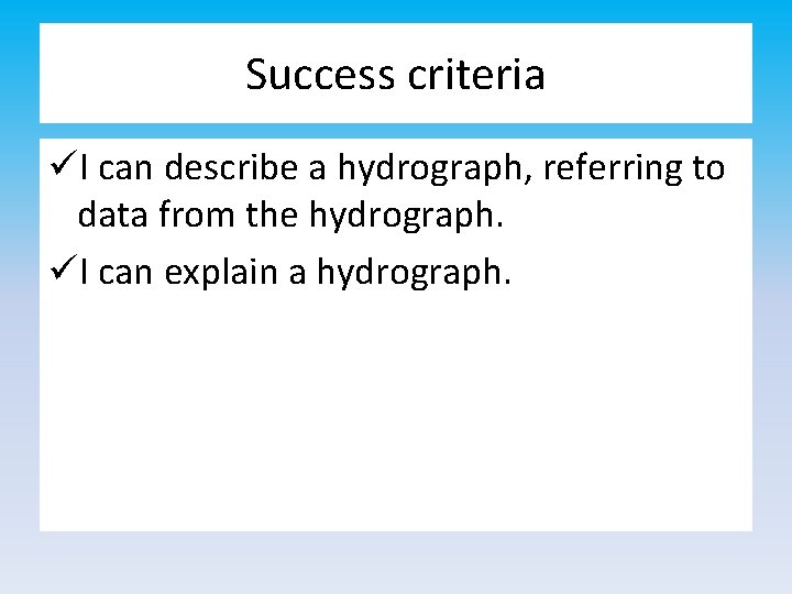 Success criteria I can describe a hydrograph, referring to data from the hydrograph. I