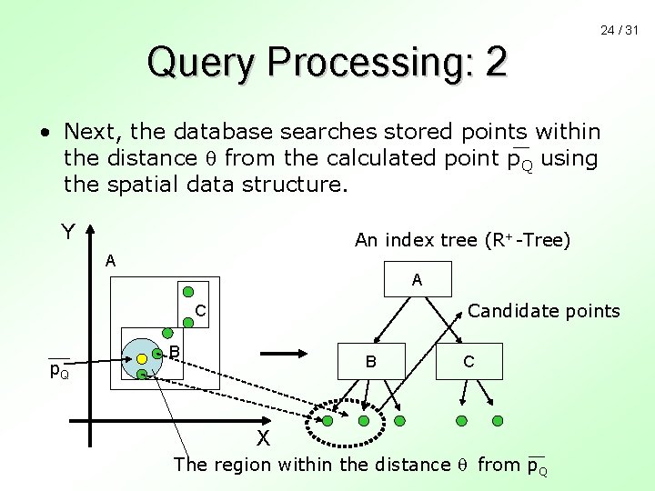 24 / 31 Query Processing: 2 • Next, the database searches stored points within