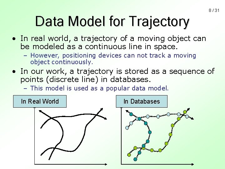 8 / 31 Data Model for Trajectory • In real world, a trajectory of