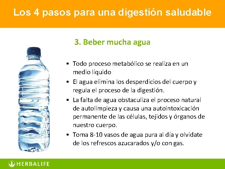 Los 4 pasos para una digestión saludable 3. Beber mucha agua • Todo proceso