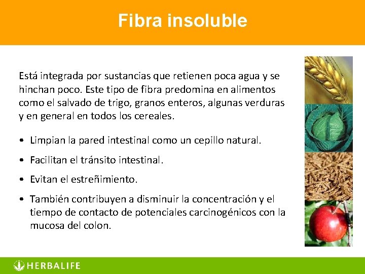 Fibra insoluble Está integrada por sustancias que retienen poca agua y se hinchan poco.