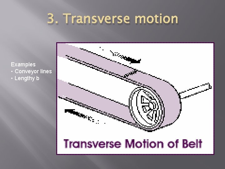 3. Transverse motion Examples • Conveyor lines • Lengthy b 