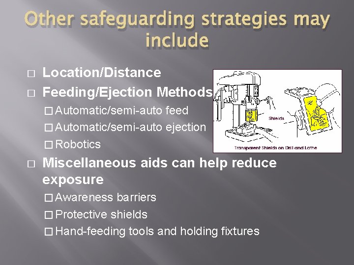 Other safeguarding strategies may include � � Location/Distance Feeding/Ejection Methods � Automatic/semi-auto feed �