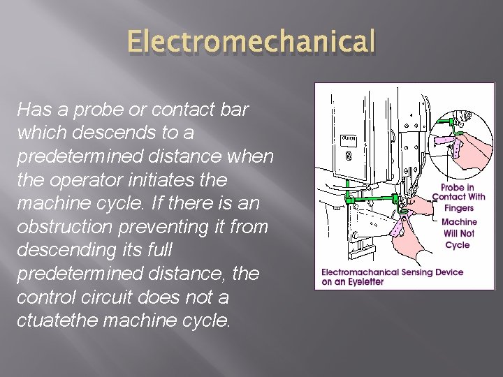 Electromechanical Has a probe or contact bar which descends to a predetermined distance when