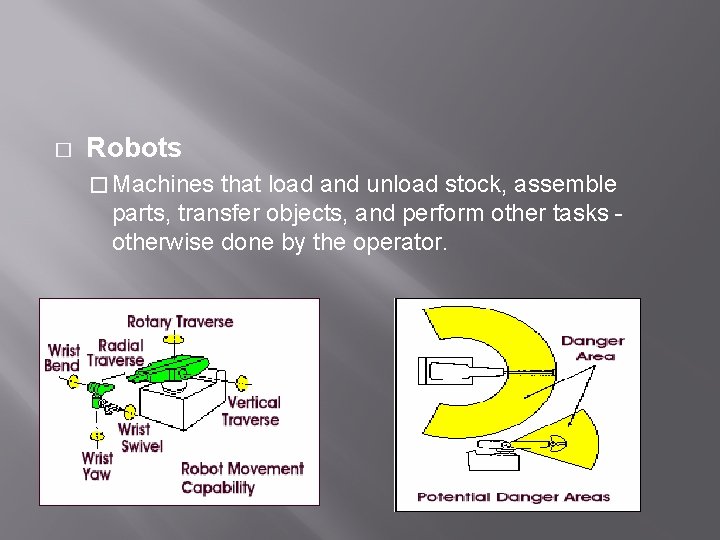 � Robots � Machines that load and unload stock, assemble parts, transfer objects, and