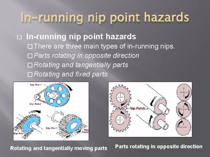In-running nip point hazards � There are three main types of in-running nips. �