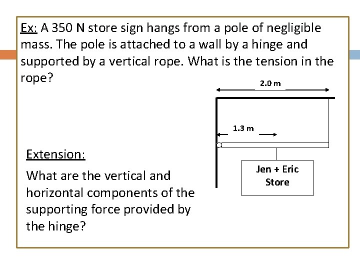 Ex: A 350 N store sign hangs from a pole of negligible mass. The
