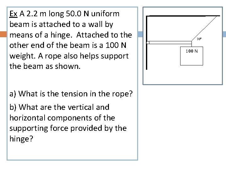 Ex A 2. 2 m long 50. 0 N uniform beam is attached to