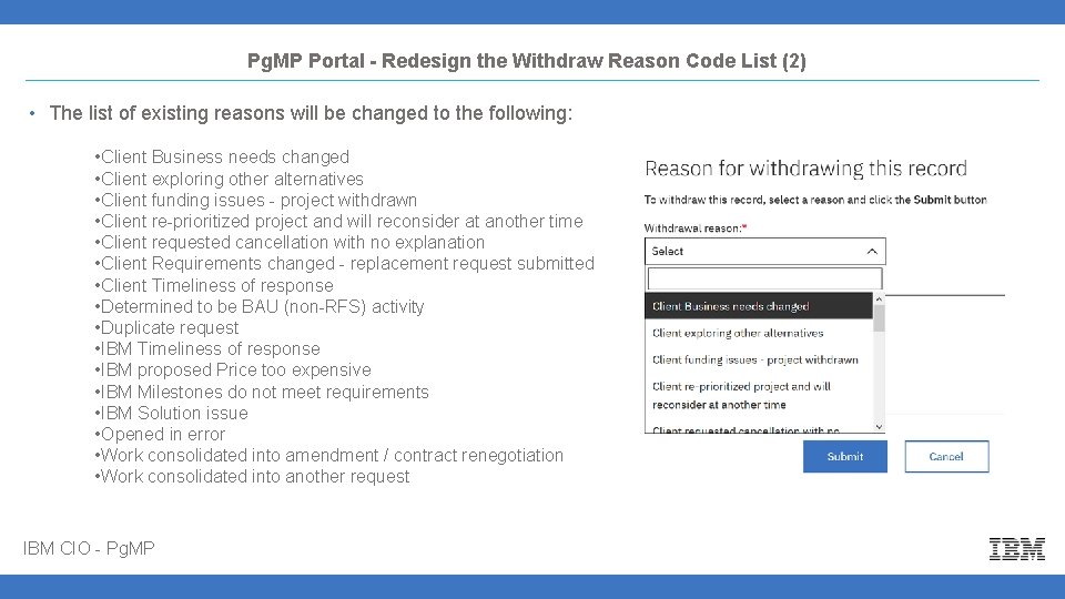 Pg. MP Portal - Redesign the Withdraw Reason Code List (2) • The list