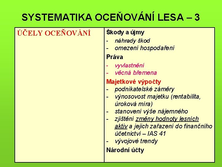 SYSTEMATIKA OCEŇOVÁNÍ LESA – 3 ÚČELY OCEŇOVÁNÍ Škody a újmy - náhrady škod -