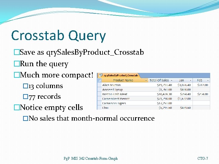 Crosstab Query �Save as qry. Sales. By. Product_Crosstab �Run the query �Much more compact!