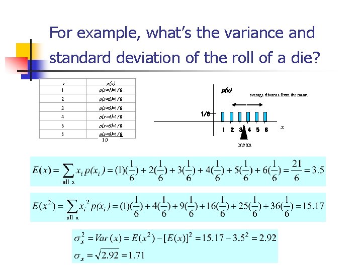 For example, what’s the variance and standard deviation of the roll of a die?