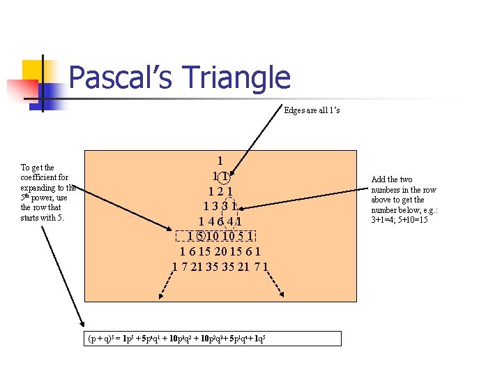 Pascal’s Triangle Edges are all 1’s To get the coefficient for expanding to the